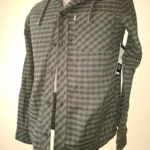 Tony Hawk Hooded Striped Long Sleeve Flannel Shirt in Kombu Green - NWT Medium